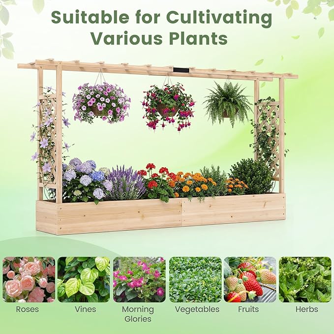Giantex Wooden Raised Garden Bed with Trellis & Hanging Roof, Fir Wood Planter Box, 45” Freestanding Elevated Garden Bed for Outdoor Climbing Plants Vegetables Flowers, Patio & Balcony, Natural