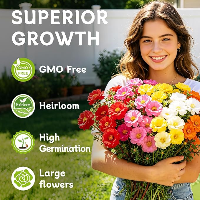 LUOJIBIE Moss Rose Seeds, 20,000+ Bulk Flower Seeds for Planting Outdoors(99% Pure Live, Non-GMO), Mixed Colors and Large Blooms, Attracts Pollinators, Easy to Grow