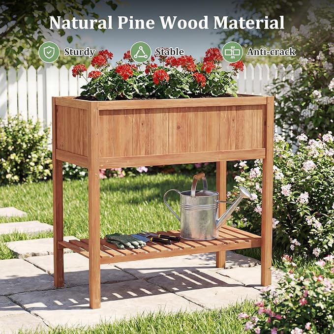 Giantex Raised Garden Bed, Wood Planter Box with Plant Stand & Black Liner, 40"x20"x39" Raised Bed for Indoor Outdoor Plants, Vegetables Flower Herbs Fruit Gardening (2,Reddish Brown)
