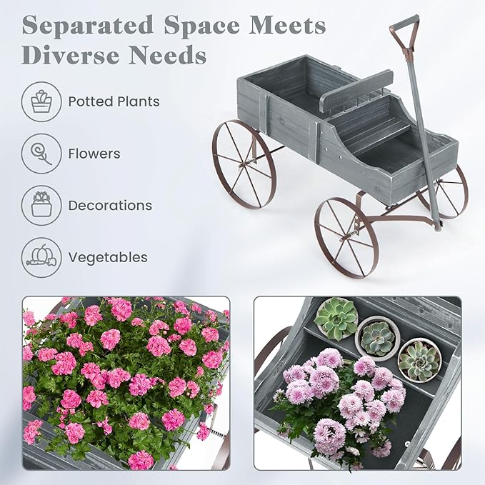 Goplus Wagon Planter, Decorative Wooden Garden Planter with Wheels, 2 Planting Sections and Adjustable Handle, Indoor Outdoor Backyard Balcony Decor (Gray)