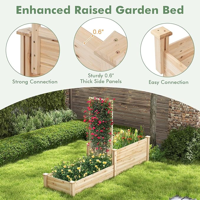 HAPPYGRILL Raised Garden Bed with Trellis, Wood Garden Box w/Open Base Design & 2 Compartments, Outdoor Wooden Planter Box Kit for Vine Climbing, Fruits, Vegetables, Flowers, Herbs, 88" x 25" x 53"