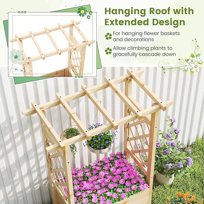 Giantex Raised Garden Bed with Sided Trellis & Hanging Roof, Wood Planter Box, Freestanding Garden Planter Raised Bed for Flowers Herbs Climbing Vines 31”x16”x41” (L x W x H)