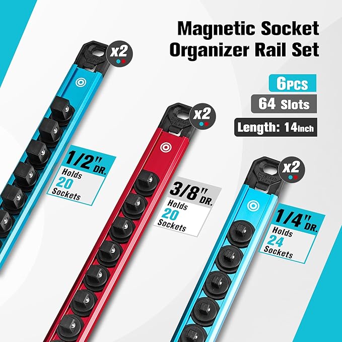 DURATECH Magnetic Socket Organizer Set, 1/4”, 3/8”, 1/2” Aluminum Alloy Socket Rail with 64 Clips, Socket Holder for Tool Box Drawer, Tool Cart and Garage Organization(6PCS)