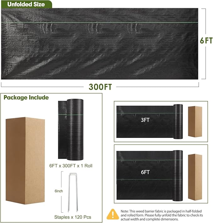 HongWay 6FT x 300FT Weed Barrier Landscape Fabric Heavy Duty, Woven Geotextile Weed Blocker Fabric with 120 U-Shaped Securing Pegs, Weed Control Mats Ground Cover for Garden Beds, Commercial Driveway