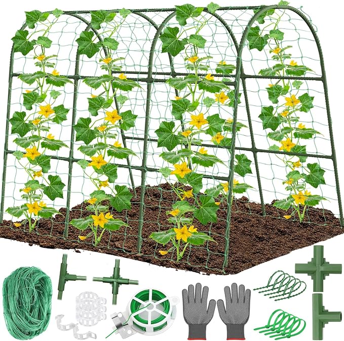 Cludoo Cucumber Trellis for Raised Bed Garden, U-Shape Arch Trellis for Climbing Plants Outdoor, Metal Vegetables Trellis with Netting, Garden Trellis for Cucumber Plants Sweet Pea Bean Grape