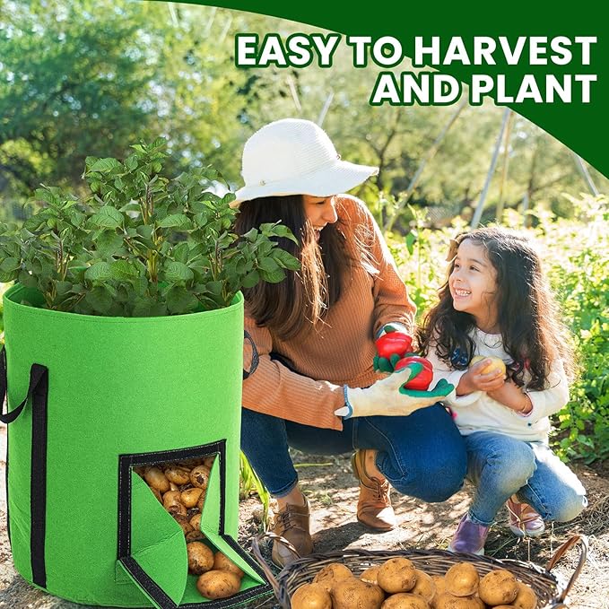 4 Pcs Upgraded 10 Gallon Potato Grow Bags with Harvest Window & Visible Window, Sturdy Handle, Thickened Non-Woven Planter Pots Potato Growing Container for Tomato Vegetable (Multicolor)