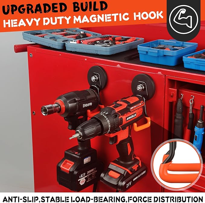 ULIBERMAGNET New Upgraded Heavy Duty Magnetic Garage Hooks,2 Pack Strong Large Magnet Hooks for Power Drill,Garden Tools,Hose,Pegboard,Garage, Workshop,Magnetic Storage Hook for Hanging(Orange)