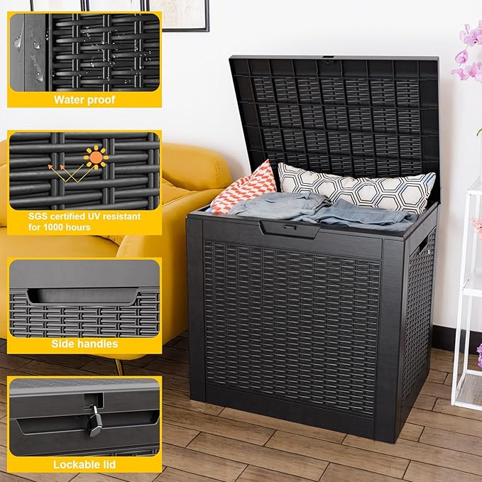 31 Gallon Wicker Pattern Resin Deck Box, Lockable Patio Outdoor Storage Box for Furniture, Garden Tools and Tools Storage, Waterproof Outside Storage Box (Black)