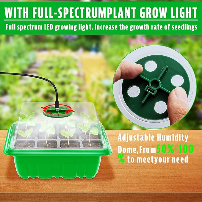 Seedling Starter Tray Kit with Upgraded Grow Light, 5 Pack Indoor Seed Plant Starter Set Kit with Grow Light for Seed Starting, 60 Cells Seed Germination Tray Kit with Humidity Domes