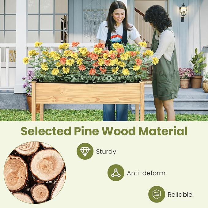 Giantex Raised Garden Beds Set of 2, Elevated Wood Planter Box with Liner, 47"x23"x30" Freestanding Raised Bed for Indoor Outdoor Plants, Vegetables Flower Herbs Fruit Gardening