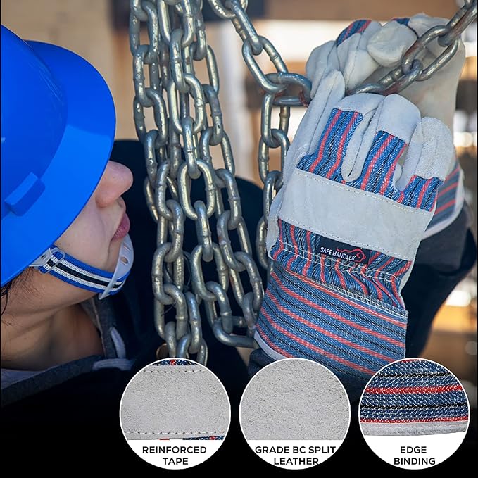 SAFE HANDLER Work Leather Gloves with Cool Cotton Lined Backing Lightweight & Versatile Split Leather Safety Cuff Work Gloves