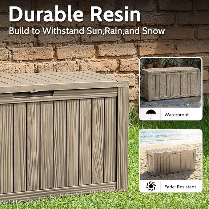90 Gallon Deck Box Outdoor Storage Box Waterproof for Patio Furniture,Outdoor Cushions,Garden Tools and Pool Supplies,Lockable, Resin and Easy to Install Grey