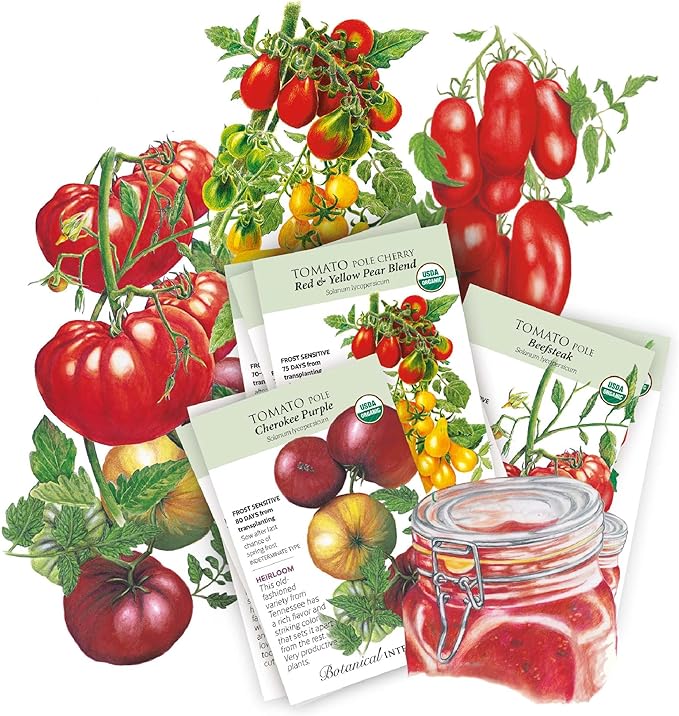 Botanical Interests: Heirloom Tomato Seed Bundle - 8 Individual Seed Packets: Non-GMO Organic & Heirloom Tomato Seeds: Diverse Slicing, Sauce, and Cherry Varieties