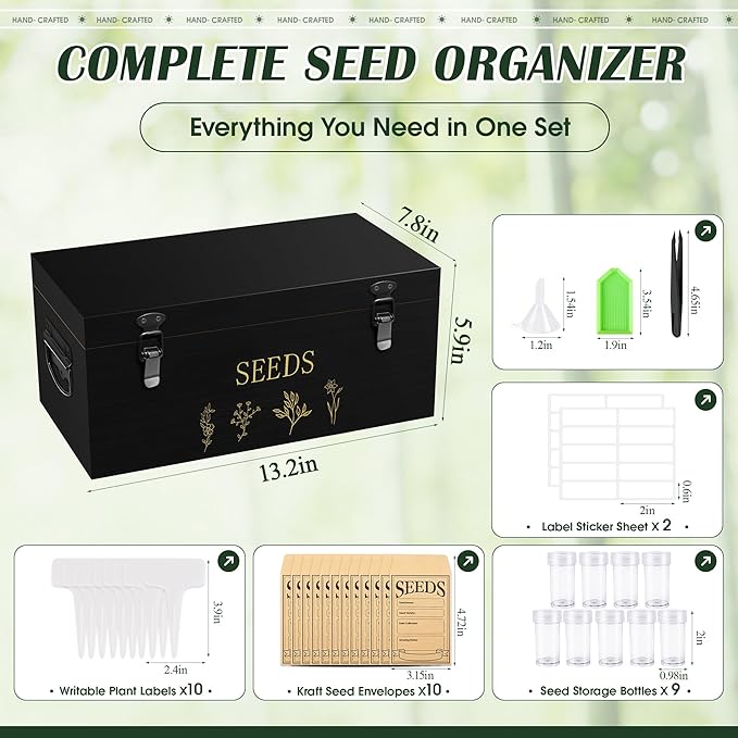Bamboo Seed Storage Organizer, Large Garden Seed Organizer with Lid & Safety Lock & Handles, Seed Box Includes Seed Envelopes and Labels etc, Great Gifts Gardening Kit (Black)