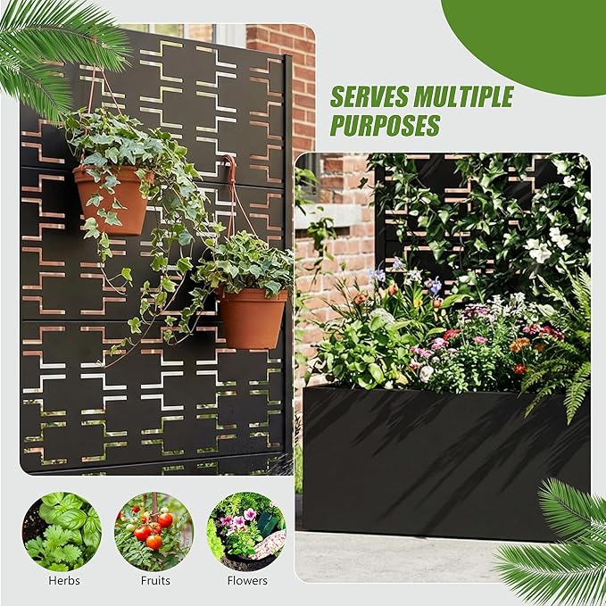 Casaphoria Metal Raised Garden Bed with Trellis, 59"x30"x12" Planter Box for Climbing Plants, Vegetables & Vines, Features Drainage Holes and Privacy Screen, Black-Brick