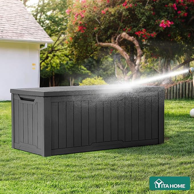 YITAHOME 120 Gallon Resin Deck Box, Weather Resistant Outdoor Storage Box for Patio Cushions, Garden Tools, Pool Supplies, Lockable, Easy Assembly, Extra Seat or Table (Dark Gray)
