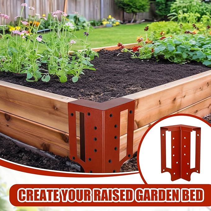 12 Pack Raised Garden Bed Corner Brackets with Securing Lip Fits Lumber up to 2" x 12" Metal Garden Corner Bracket for Wood Frame Bed 4.7" L x 2" W x 10.5" H (Sand Red)