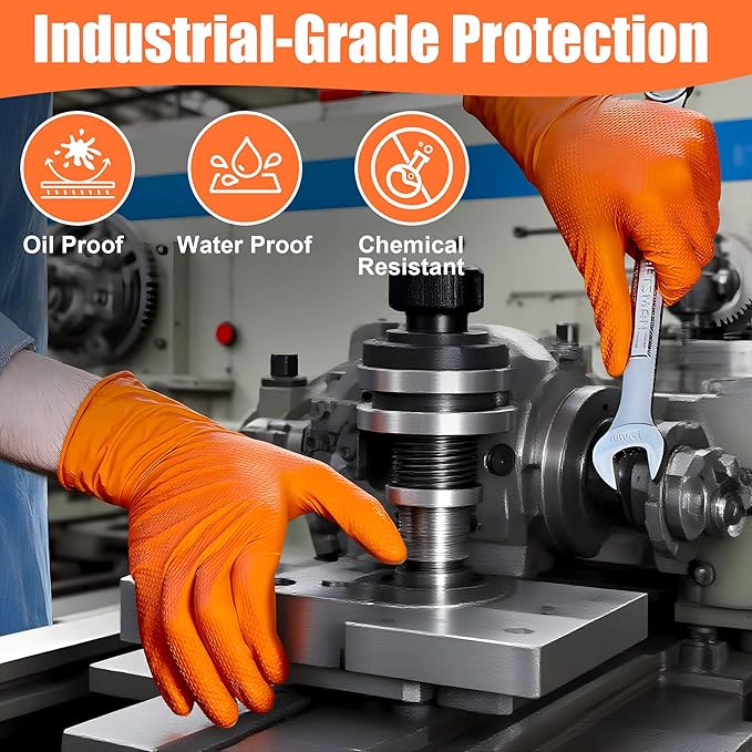 TREEGO Heavy Duty Orange Nitrile Gloves 10 Mil Disposable Rubber Work Gloves - Double Diamond Grip, Mechanic Rubber Gloves for Automotive & Industrial Use, Latex Free, 100 Count Medium