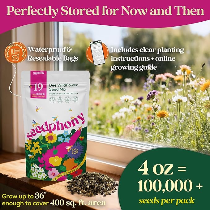 Seedphony 19 Bee Wildflower Seeds Mix 4oz - 100,000 Non-GMO Heirloom Seeds for Planting, Perennial Flowers in Waterproof Seed Packet, Flower Seed Mix for Pollinators, Planting Garden Indoor & Outdoor