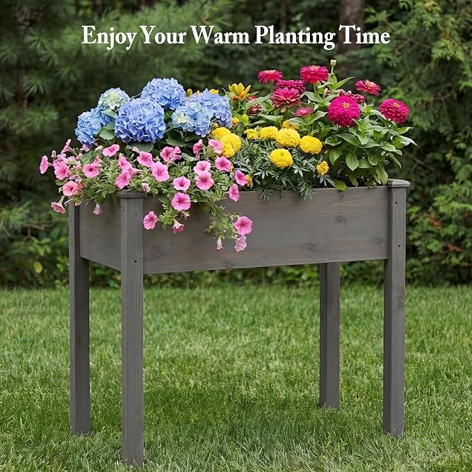 DUMOS Raised Garden Bed with Legs, 34x18x30 Inch Planter Box Outdoor with Liner for Herbs Flowers Vegetables, Elevated Wooden Garden Bed for Patio, Balcony and Backyard, Dark Grey