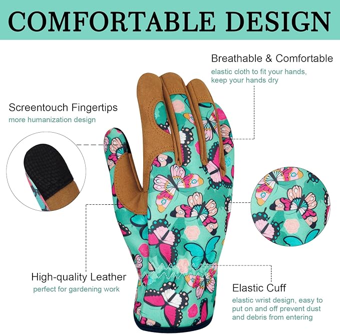 Leather Gardening Gloves for Women Thorn Proof Garden Gloves Touch Screen Working Gloves Gifts,M