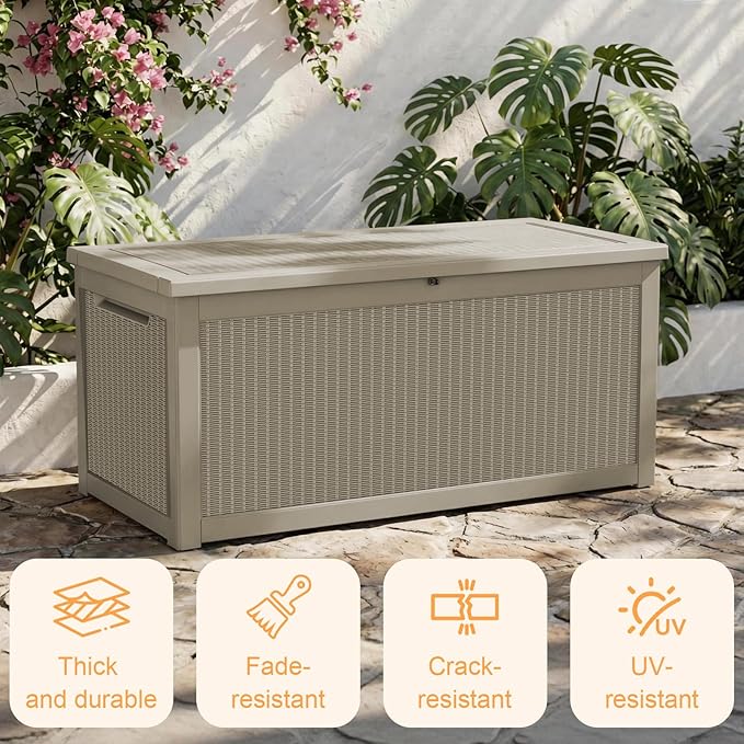 320 Gallon Outdoor Storage Deck Box Waterproof Resin Lockable Outside Bench Porch Patio Furniture Pool Float Garden Tool Cushion UV Resistant Bin Beige