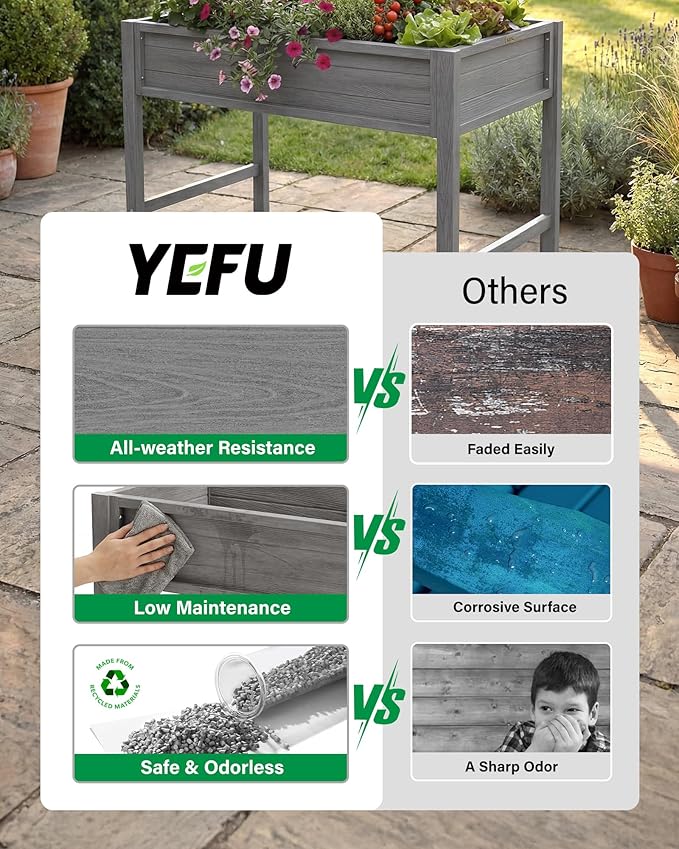 YEFU Raised Garden Beds Outdoor: 48x24x30in HIPS Planter Boxes Outdoor with Legs to Plant Herbs Vegetables Flowers - Raised Garden Bed Gardening with Optimal Drainage Design Reduces Care Time Teak