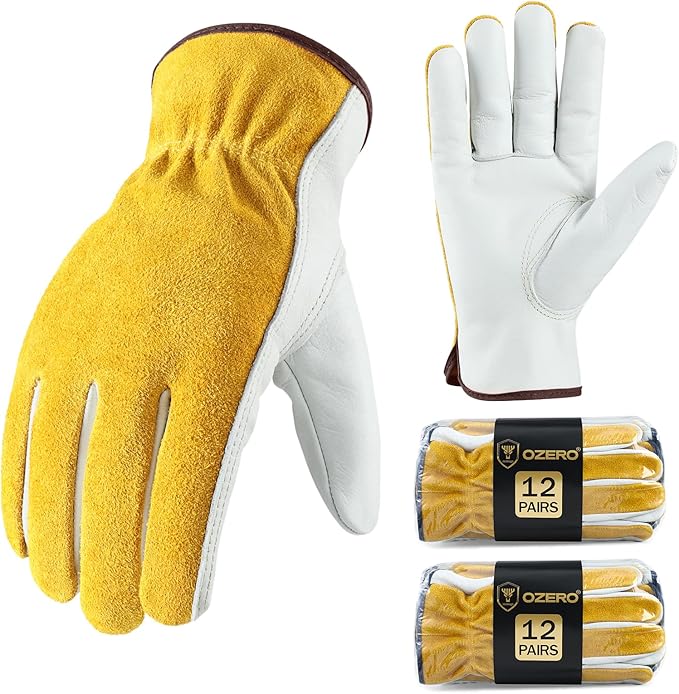 OZERO 24 Pairs Bulk Leather Work Gloves Women, Utility Working Gloves for Construction, Wood cutting, Driving, Water Resistant,Cowhide, Class 4 Tear Strength Resistance, Gold/Light Cyan (Meduim)