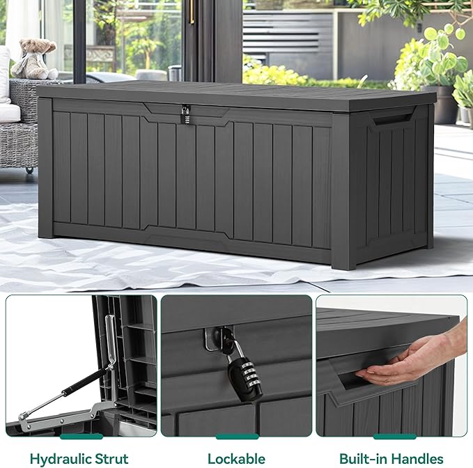 YITAHOME 120 Gallon Resin Deck Box, Weather Resistant Outdoor Storage Box for Patio Cushions, Garden Tools, Pool Supplies, Lockable, Easy Assembly, Extra Seat or Table (Dark Gray)
