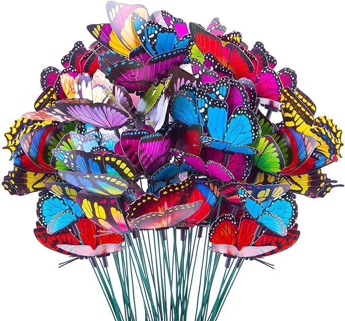 VGOODALL 50pcs Butterfly Garden Decorations, 11.5 inch Plastic Butterfly Stakes Ornaments Artificial Butterflies for Flower Bouquet Arrangements Crafts Outdoor Wall Patio Plant Yard Decor