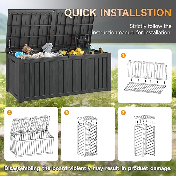 180 Gallon Outdoor Storage Box, Resin Deck Boxes Outdoor Waterproof For Patio Furniture, Garden Tools, Pool Supplies, Lockable And UV Resistant (Striped Black)