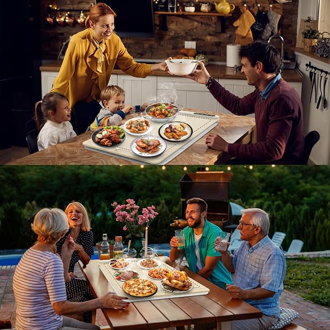FYY Warming Mat for Food with Heat Resistant Pad, Prevent Countertop Cracks, Keep Meal Warm, Rapid and Full Surface Heating, 6 Temp Settings, 6H Timer, Upgraded Rollable Portable Food Warmer Mat Beige