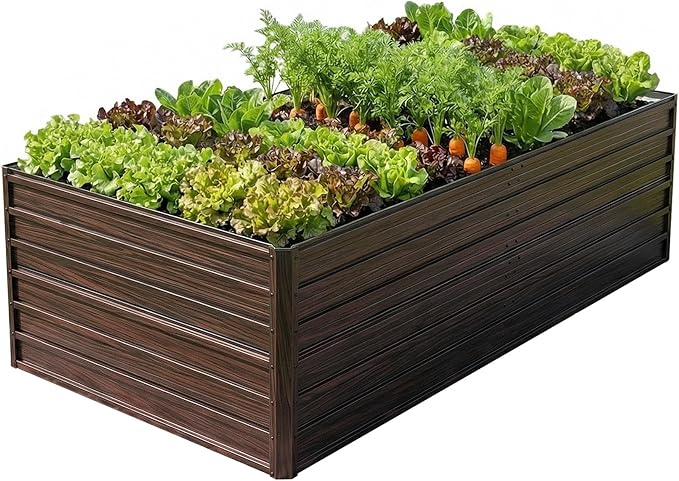 Galvanized Raised Garden Beds, 8x4x2FT Outdoor Planter Boxes with Safety Edging and Gloves, Rustic Country Style Metal Garden Bed Kit for Vegetables Flower and Fruits (Brown Wood Grain