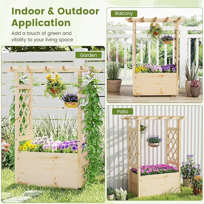 Giantex Raised Garden Bed with Sided Trellis & Hanging Roof, Wood Planter Box, Freestanding Garden Planter Raised Bed for Flowers Herbs Climbing Vines 31”x16”x41” (L x W x H)