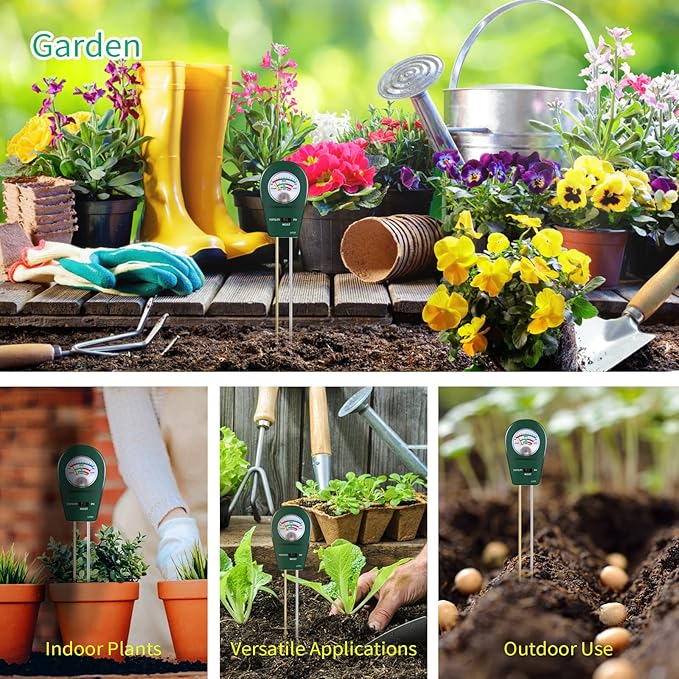3 in 1 Soil Tester, Soil Fertility Test, Measure pH of Garden, Lawn Care, Potted, Horticultural Soil Moisture Meter Sensor, No Battery (Green)