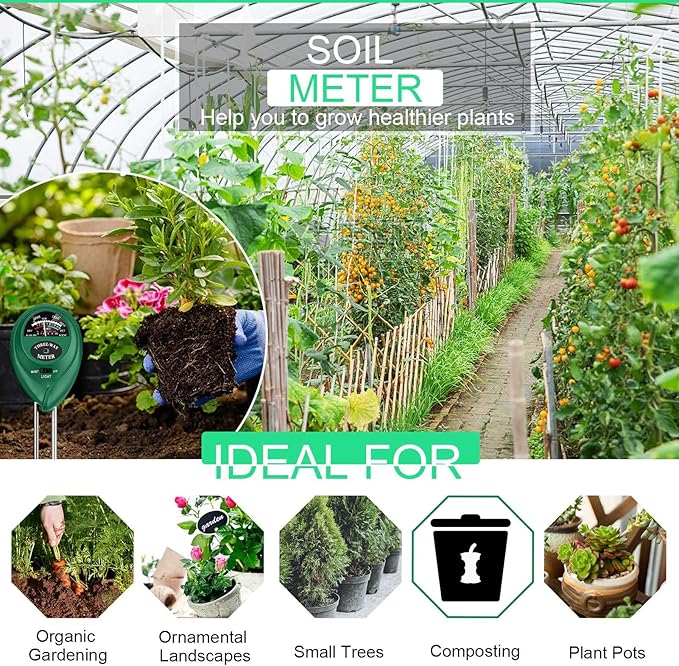 Soil pH Meter, Soil Moisture Meter 3-in-1 Soil Tester with Moisture, Light and PH Test, Soil Test Kit for Home/Garden/Farm/Lawn/Indoor & Outdoor