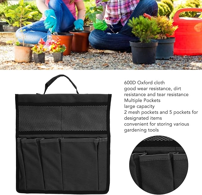 Gavigain Garden Tool Storage Bag 600D Oxford Cloth Foldable Portable Gardening Tote with Multiple Pockets for Outdoor Garden (Black)