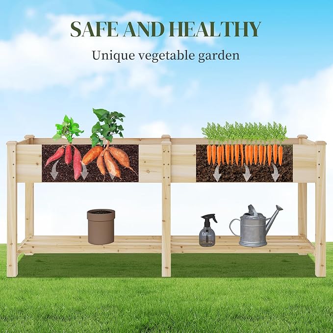 Wooden Raised Garden Bed, Planter Box with Legs, Garden Planter with Divider Bag for Backyard, Patio, Balcony, Planter Stand Box for Herbs and Vegetables(Natural-L)