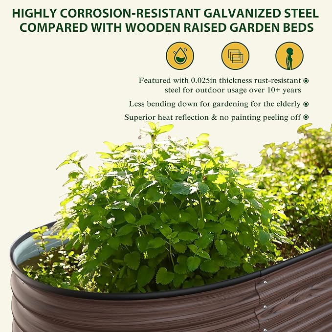 BlueWish 8x2x1FT Raised Garden Bed, 11.1” H Galvanized Raised Garden Bed with Bottomless, Rubber Strip, 9-in-1 Modular, Raised Planter Box Outdoor for Vegetable, Flower, Rustic Brown
