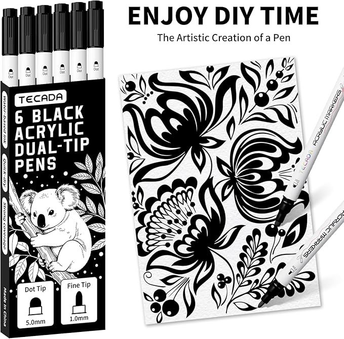 6 Black Acrylic Paint Markers, Dual-Tip Acrylic Paint Pen for Rock, Fabric, Wood, Plastic, Canvas, Ceramic, Glass, Metal, DIY Crafts Art Supplies, Dot and Fine Tips