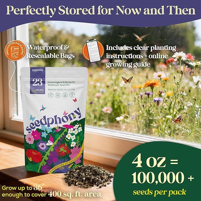 23 Wildflower Hummingbird & Butterfly Mix 4 oz - 100,000 Non-GMO Heirloom Wildflower Seeds for Planting Garden, Perennial Flowers to Attract Bees, Butterflies & Birds in Waterproof Packet