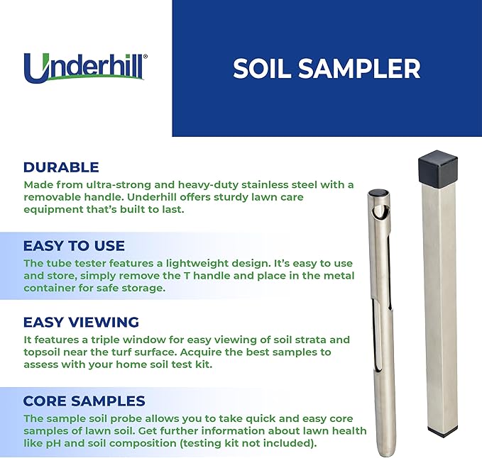 Underhill Sampler Soil Probe for Testing Lawn and Turf, T Handle, Yard and Gardening Hand Tools, Handy Compact 3/4 Inch, TSP-HS, Stainless Steel