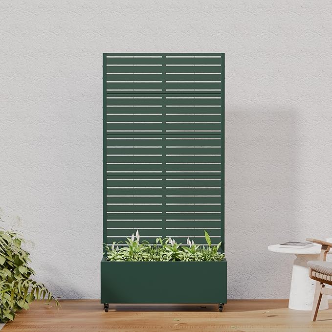 Casaphoria Metal Raised Garden Bed with Trellis and Wheels, 72"x35"x16" Planter Box for Climbing Plants, Vegetables & Vines, Features Drainage Holes and Privacy Screen, Drak Green-Louvered