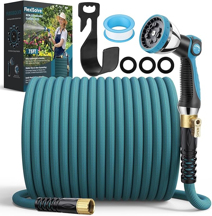 Garden Hose 75 ft Non-Expandable - Ultra Lightweight Super Flexible & Kink-Free Water Hose with Shut-Off Valve, 10-Pattern Nozzle & Holder, Leakproof Heavy Duty Hose for Yard Outdoor, Blue