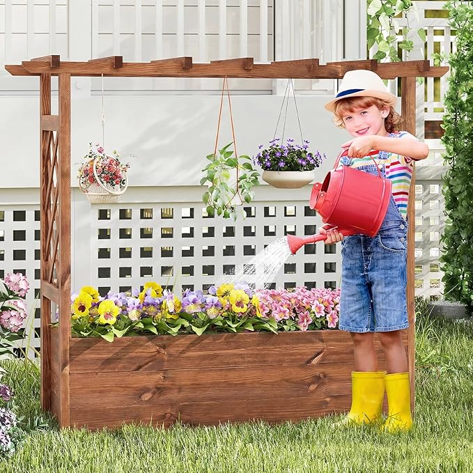 Giantex Raised Garden Bed with Sided Trellis & Roof Set 2, 31”x16”x41” Wood Elevated Planter Box, Freestanding Garden Planter Raised Bed for Flowers Herbs Climbing Vines,Brown