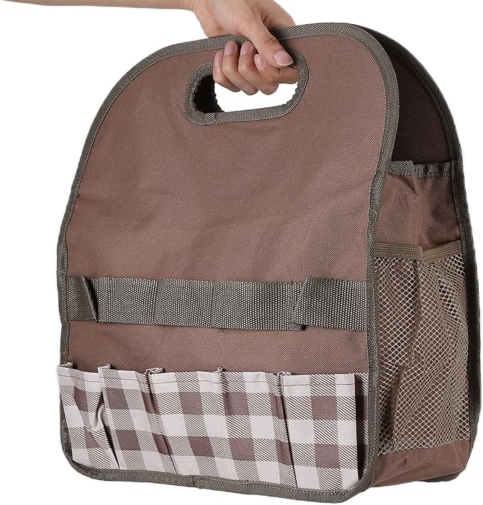 L Garden Tool, Portable Multifunction Tool Handbag, Ox Cloth with 5 Slots and Mesh s, for Gardening Woodw Household Sto (Coffee Grid)