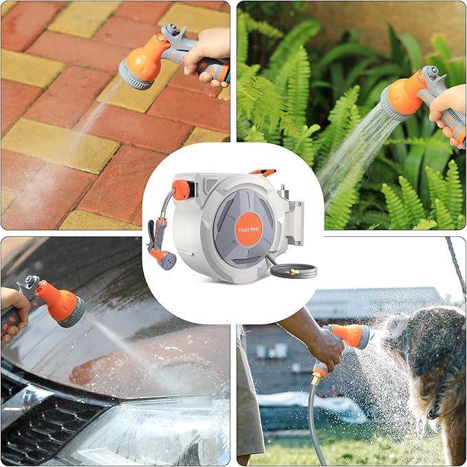 Retractable Garden Hose Reel, 5/8 in x 65 ft Wall Mounted Water Hose Reel with 9 Function Sprayer Nozzle, Any-Length Lock, Automatic Slow Rewind System, 180° Swivel Bracket for Yard, Garden, Outdoor
