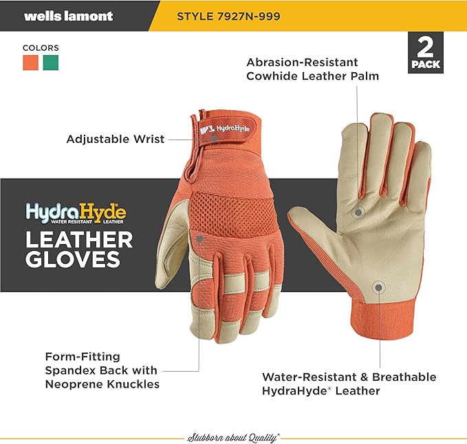 Wells Lamont Women's HydraHyde Leather Hybrid Gloves, Medium, Mint Green/Rust, Water-Resistant, Adjustable Wrist, 2-Pair Pack, for Gardening, Reusable, Adult