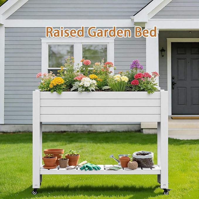 EasyUp 21 Gallon Elevated Raised Garden Bed with Storage Shelf & Lockable Wheels, Weatherproof Mobile Planter for Patio, Balcony, Vegetables & Flowers (Ashen)