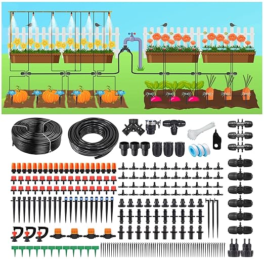302PCS Drip Irrigation System for Garden: Automatic Drip Irrigation Kit Plant Watering System with 5 Kinds of Sprayers for Greenhouse Yard